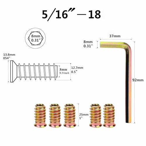 40Pcs 5/16"-18 x 25mm Furniture Screw in Nut Threaded Wood Inserts Bolt Fastener Connector Hex Socket Drive for Wood Furniture Assortment (with Hex Spanner) - size: 5/16"-18 x25mm