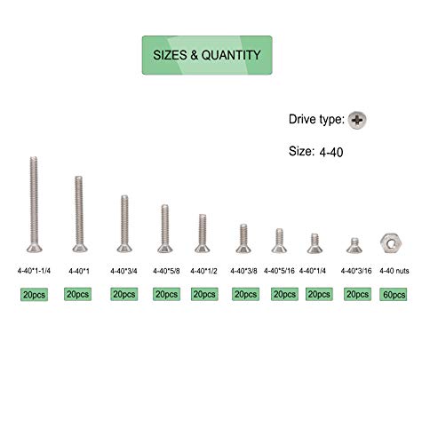 240pcs #4-40 Flat Phillips Countersunk Head Machine Screws Hex Nuts Assortment Kit 304 Stainless Steel, 1/4" 3/16" 5/16" 3/8" 1/2" 5/8" 3/4" 1-1/4"