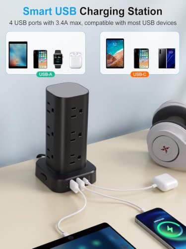 6FT Power Strip Tower Surge Protector, 12 Wide Spaced Outlets, 4 USB - color: Black, size: 6FT without Wireless Charging