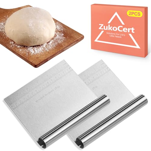 ZukoCert 2-Pack Stainless Steel Bench Scraper – Durable Dough Cutter with Built-In Measuring Ruler (Multipurpose Tool for Pizza, Cake, Baking & Pastry Work, Easy to Clean)