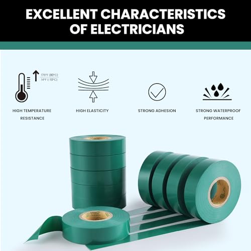 Lichamp 10-Pack Green Electrical Tape Waterproof, 3/4 in x 66ft, UL/CSA