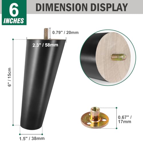 FoDau770 Rubber Wood Legs 6", Slant Taper, 5/16"-18 Thread, Black, 4pcs | Wood Couch legs - Mid Century Sofa Legs - Furniture legs Replacement for Cabinet Dresser Chair Ottoman - color: Black, size: 6 Inch - Slanted (80°)