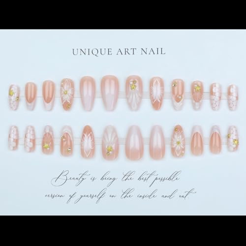LPOODDNU 3D Almond Press on Nails - White French Tip Medium Fake Nails with Flower Pearl Star Designs, Glossy Finished Reusable False Nails with Adhesive Glue Tabs - 24Pcs Nail Kit for Women Manicure - color: 3d white flower