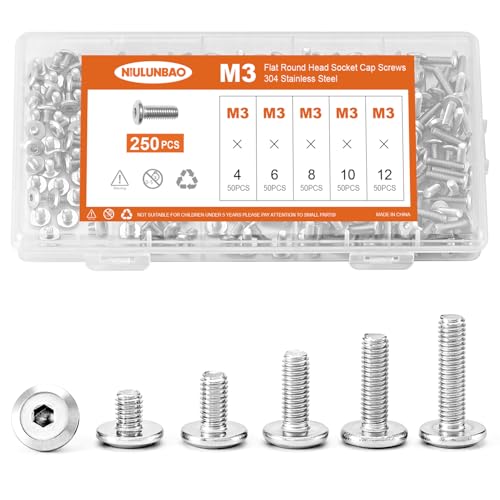 M3 x 4mm 6mm 8mm 10mm 12mm Flat Round Head Hex Socket Cap Screws Bolts, Furniture Screws, 304 Stainless Steel, Metric Fully Threaded, Allen Hex Drive, Bright Finish, Assortment Kit 250PCS - size: M3 x 4/6/8/10/12mm (250PCS)