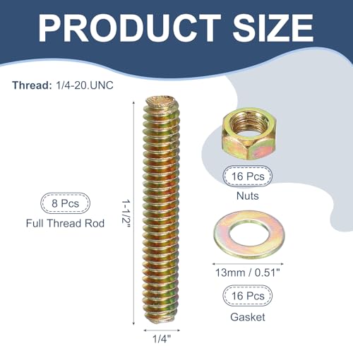 PATIKIL 1/4" x 1-1/2" Color Zinc Fully All Thread Rod, 8 Pcs Carbon Steel Long Threaded Screw Stud Bolts for Furniture Garden Mounting Assembly Fastening - size: 1/4" x 1-1/2"