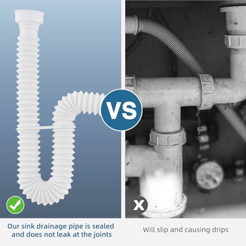 Sink Drain Pipe, Flexible Sink P-Trap Pipe for Kitchen & Bathroom, White - color: White