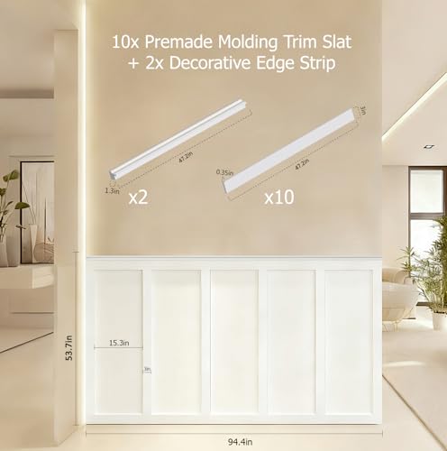 Board and Batten Wall Panel Kit,Paintable Wainscoting Panels Easy Install for Bedroom Living Room Hallway, Covers 94" x 54" Molding Trim Slat with Edge Strip, Paintable White