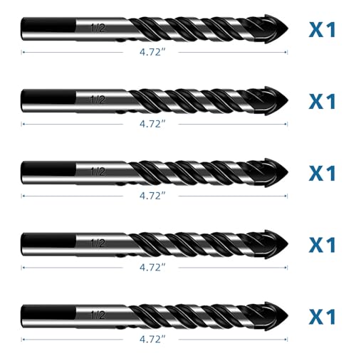 5-Piece 1/2“ Masonry Drill Bits for Tile Glass Ceramic Wall Brick Stone Soft-Metal Wood, 1/2 Inch Concrete Drill Bits Cement Drill Bit Set, 3-Flat Shank, YG8 Carbide Tungsten Steel Alloy Tip 12mm - size: 5 Piece 1/2 Inch Drill Bit Set