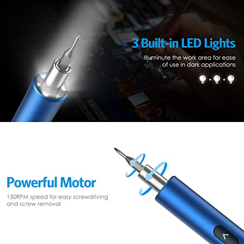 AMIR Electric Screwdriver for PC Building, 28 IN 1 Small Power Automatic Screwdriver Set with 24 Bits, Rechargeable Portable Magnetic Repair Tool Kit with LED Lights for Laptops, Watches, Blue - color: Blue