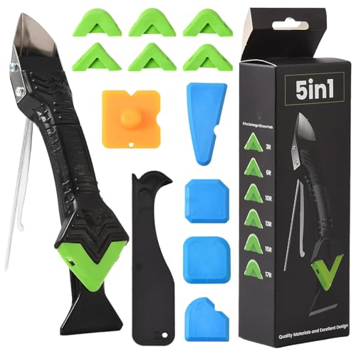 XhuangTech Caulking Tool, 5 in 1 Caulk Remover Sealant Fishing Tool with Grout Remove Scraper, 6 Replaceable Silicone Pads, Adhesive Residue Scraper Seam Repair Tool Kit for Kitchen/Bedroom/Joint