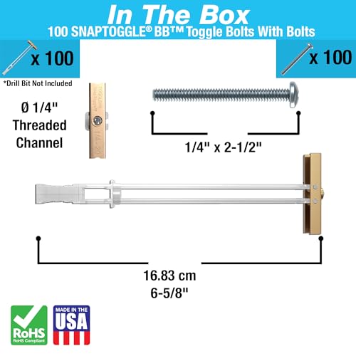 TOGGLER SNAPTOGGLE Drywall Anchors with 1/4-20 x 2.5 in Bolts, 100 Pack - size: 2.5 inches