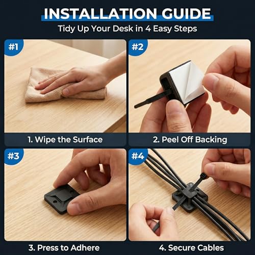 Zip Tie Mounts - SeuYeugX 100PCS Cable Self Adhesive Mounts Set for Wire Management with Stick Pads Anchors Clips Squares Holders (Black) - color: Black