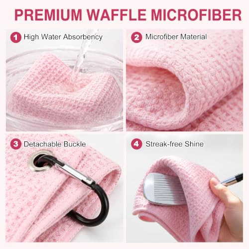 Golf Towel for Women with Club Brush & Divot Tool – 16"x24" Tri-Fold Waffle Microfiber Towel, Retractable Club Groove Cleaner & Divot Repair Tool, Golf Accessory Kit for Female Golfers (Pink) - color: Pink