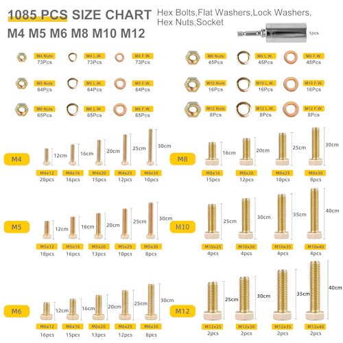 1085pcs Metric Bolt Assortment Kit -8.8 Grade, M4 M5 M6 M8 M10 M12 Heavy Duty Hex Bolts, Nuts Kit with Universal Socket, Yellow Zinc Plating, Durable Storage Case for DIY, Automotive, Length:12-40mm - size: M4 M5 M6 M8 M10 M12-1085pcs