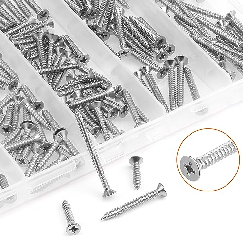 #4 x 1/2" 5/8" 3/4" 1" 1-1/4" Wood Screws Set, HELIFOUNER 200 Pieces Phillips Countersunk Head Self-Tapping Screws Assortment Kit, Phillips Flat Head Wood Screws, 304 Stainless Steel - size: #4