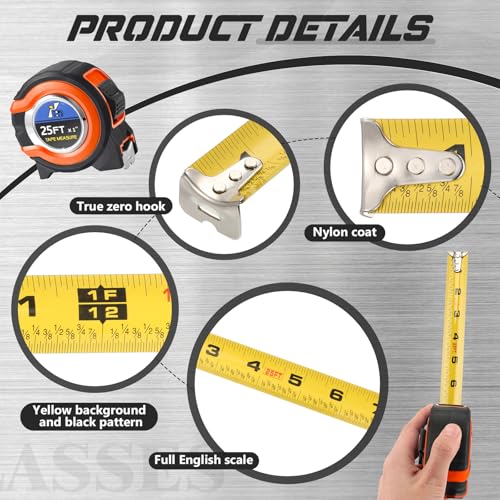 Youyole 10 Pack Tape Measure with Fractions 1/8 Steel Measuring Tape Retractable Easy Read Measurement Ruler Steel Power Blade (25 ft X 1 in,Orange) - color: Orange
