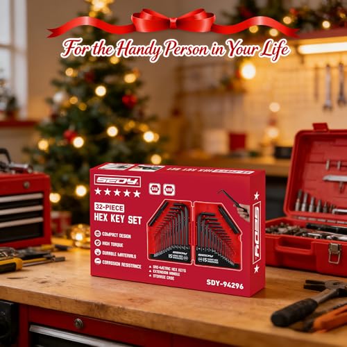 SEDY 32-Piece Hex Key Wrench Set, Metric and SAE Allen Wrenches (0.028-3/8 inch, 0.7-10 mm) L Shape Allen Keys, Chrome Vanadium Steelwith 2x Extension Handle - style: 32-Piece Standard Set (L-Key)