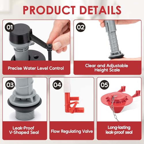 Universal Toilet Flush Valve Replacement Kit, Height Adjustable Fill Valve - color: RED 2