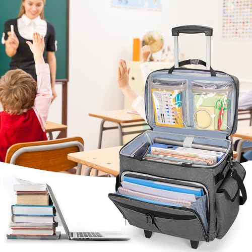 Trunab Rolling Teacher Bag with Expandable File Pocket Detachable Trolley | Teacher Tote Bag with Wheels for up to 15.6 Inches Laptop (Patented Design) - color: Grey