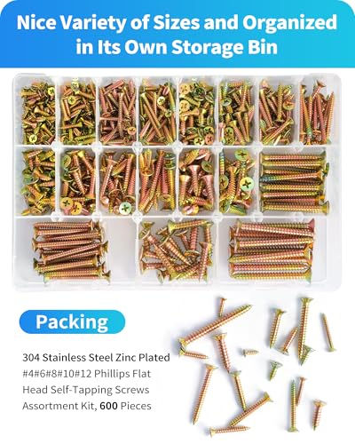 600Pcs Stainless Steel Zinc Plated Wood Screws Assortment Kit, #4#6#8#10#12 Phillips Flat Head Sheet Metal Screws Self Tapping Screws Set,Length 3/8" to 2" (Gold-Flat Head) - color: Gold