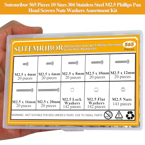 565 Pieces M2.5 Machine Screws Nuts Washers Set, Sutemribor M2.5 x 4/6/8/10/12/16/20mm Phillips Pan Head Machine Screws Nuts Washers Assortment Kit, 304 Stainless Steel, Fully Threaded - size: M2.5, style: Phillips Pan Head
