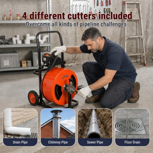 HoldwellS 100FT 3/8 Inch Drain Cleaner Machine, Upgraded Electric Feed Sewer Snake, Wheeled Telescopic Portable Drain Cleaner with 4 Cutters & Air-Activated Foot Switch for 2" to 4" Pipes - color: 100FT x 3/8inch (Auto Feed)