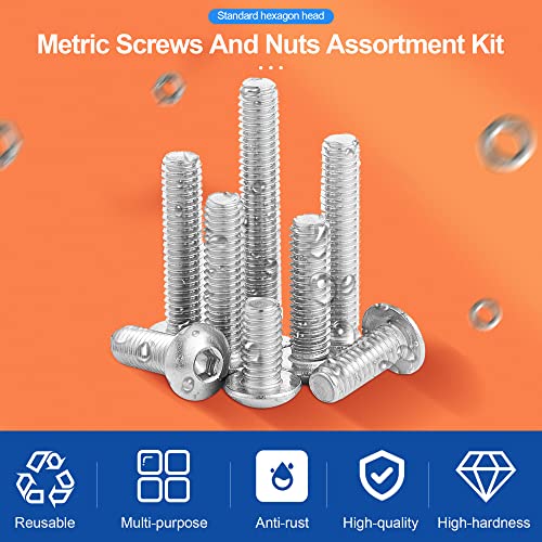 NINDEJIN Black & Silver Hex Socket Head Screws Bolts Nuts and Flat Washer Assortment Kit(Hex Socket Flat/Button/Cap Head) (580Pcs Hex Cap Head Socket Screws Nuts) - size: 580 Hex Button Head Socket Screws Nuts