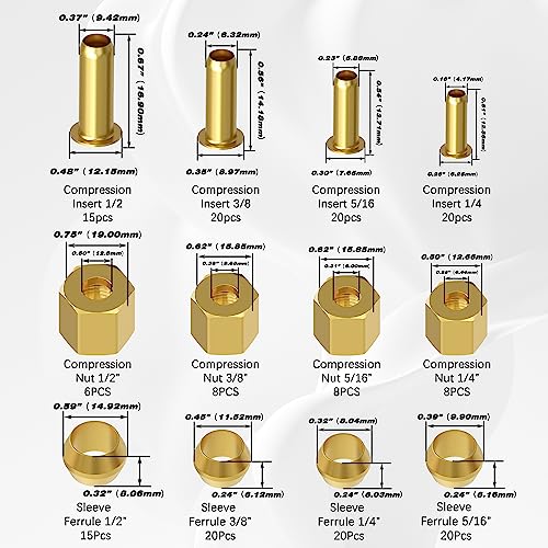 180PCS Brass Compression 1/4" 3/8" 5/16" 1/2" Sleeve Ferrule Insert Nuts - size: 180pcs 4 Size Kit