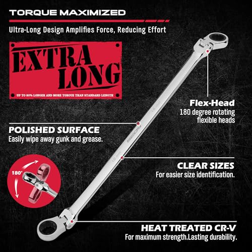 Extra Long Flex-Head Ratcheting Wrench Set, Anti-Slip 6-Piece Double Box End Wrench Set, 72-Teeth, Metric 8-19mm, CR-V Steel Wrench with Rolling Pouch - color: 6-pc Extra-long (Flex-head)