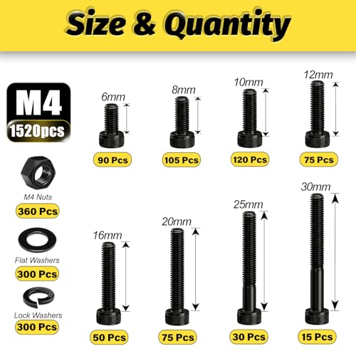 Kadrick M4 Screws Kit 1520PCS, M4x6MM-25MM Bolts with Nuts,Washers & Hex Wrench, Optimized Size Distribution, Class 12.9 Socket Head Cap M4 Screws, Black Zinc Plated, for Mechanical, Repair & DIY - size: M4 1520Pcs