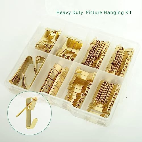 Picture Hanging Kit ， 10-100lbs Heavy Duty Picture Hangers ，140pcs Golden Picture Hanging Hooks，Picture Hooks Hardware for Picture Frame, Painting，Portraits , Mirror - size: 10-100lb