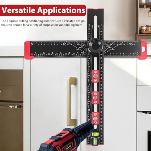 4-in-1 Aluminum Drilling Positioning Ruler, 16" Multifunctional T Square Ruler, Multi-Angle Adjustable Marking Gauge Tool, Cabinet Hardware Jig, Drilling Template for Door Holes