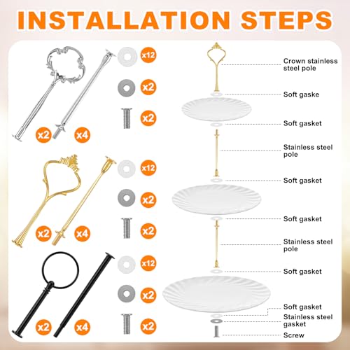 Patelai 6 Sets 3 Tier Cake Stand Hardware Tiered Tray Plate Hardware Kit Heavy Metal Cake Fruit Food Plate Stand Fitting Stacking Kit for Serving Dessert Cupcake Dish Food (Cute,Black,Silver,Gold) - color: Black, Silver, Gold, size: Cute