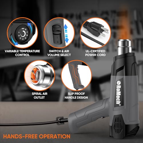ROMECH 1500W Heavy Duty Heat Gun, Variable Temperature Control Hot Air Gun Kit with 2 Air Flow 120°F~1200°F and 4 Nozzles for Crafts Shrink Wrap (Gray) - color: Grey