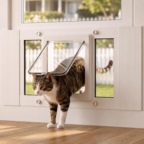 Cat Door for Window, Adjustable 23"-28", 4 Locking Modes + Extra Security Lock for Outside Safety, Window Pet Door with Magnetic Self-Closing, No-Drill Installation, Weatherproof Aluminum Frame Insert - size: 23-28 inches