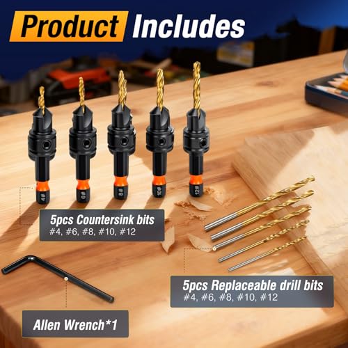 Countersink Drill Bit Set, 11pcs Titanium Coated Adjustable Depth
