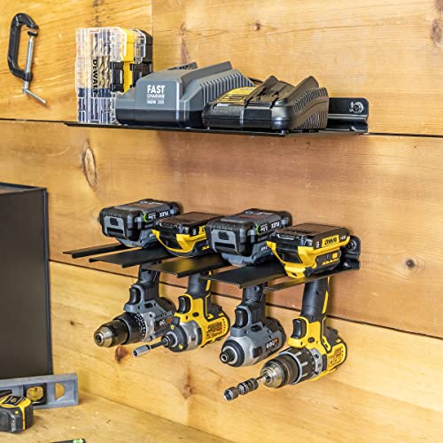 StoreYourBoard Electric Drill Storage Rack Shelf, Holds 4 Drills, Hanging Wall Mounted Organizer for Garage, Home, Workshop, Shed - style: Drill Rack + Shelf