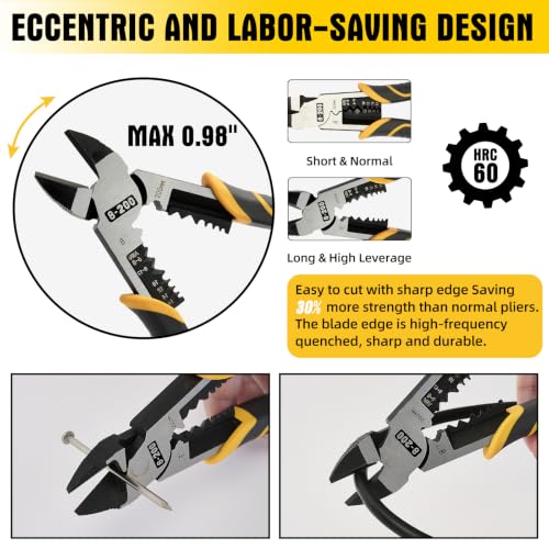 Multi-Function Diagonal Pliers, 8-inch 4-in-1 Cr-V Steel Heavy Duty Side-Cutting Pliers with Cutting, Stripping, Crimping, and Gripping for Electricians and Homes