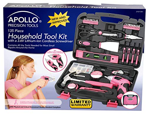 Apollo Tools 135 Piece Household Tool Set, Pink DT0773N1 - color: Pink, size: 135-Piece