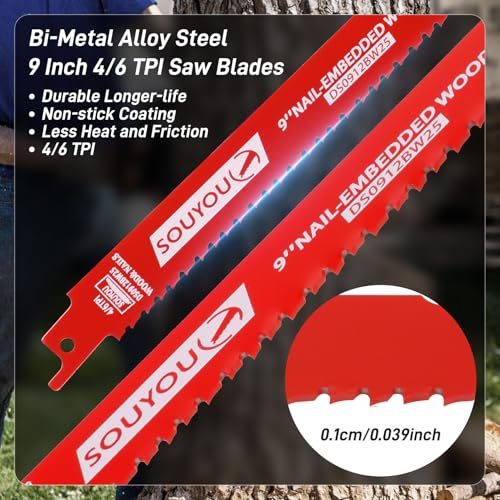 25 Pack 9 Inch 4/6 Tpi Reciprocating Saw Blades Bi-Metal Steel Demon with Perma-Shield Coating Stud and Reciprocating Saw Blades for Cutting Embedded Wood Metals PVC Pallets etc. - size: 9in 25Pack, style: 4/6 Tpi