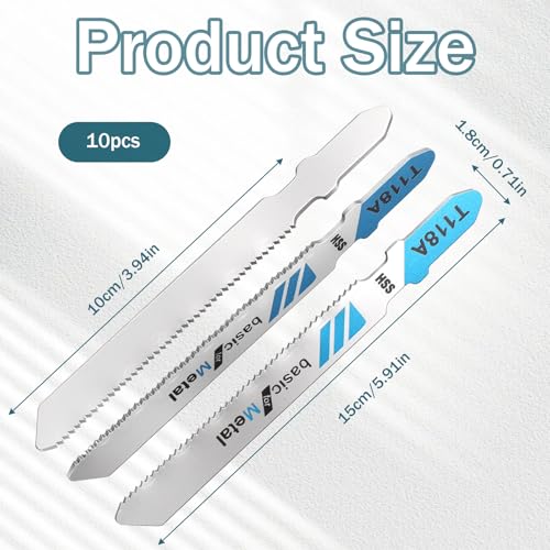 10-Piece T118A T-Shank Jigsaw Blades, High Carbon Steel Jig Saw Blade Set for Thin Metal, Sheet Metal and Aluminum Cutting, Compatible with Most Major Jigsaws