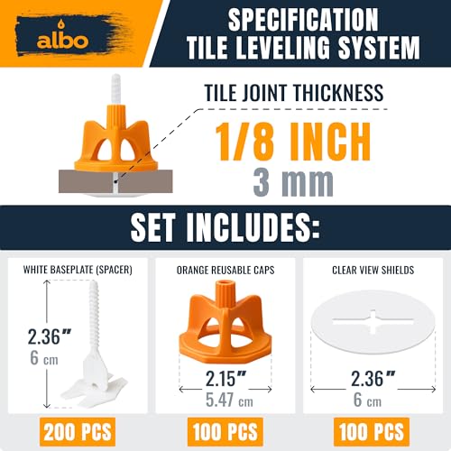 ALBO Tile Leveling System Set 1/8 inch - 400 PCS - Professional Floor & Wall Spacer Kit with Reusable Caps & Protection Plates - Anti-Lippage Installation Tools for Large and Small Tile Formats - style: Set 1/8 inch 400 PCS