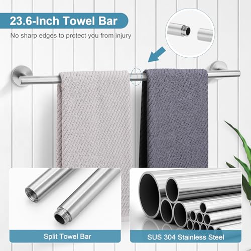 TQKAG Bathroom Towel Bar Holder Sets Brushed Nickel 23.6 Inch Round Stainless Steel Towel Bar Set 5 Piece Bathroom Accessory Set Wall Mounted - color: Brushed Nickel, size: 5-Pieces Set