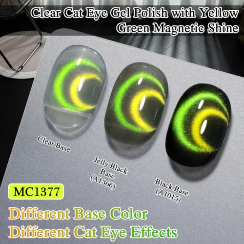 Double Rhythm Jelly Glass Cat Eye Gel Polish with Magnet 15ML Holographic Glitter Shimmer Translucent Color Magnetic Nail Polish Salon DIY at Home (Yellow Green-MC1377) - color: Halo Green Yellow