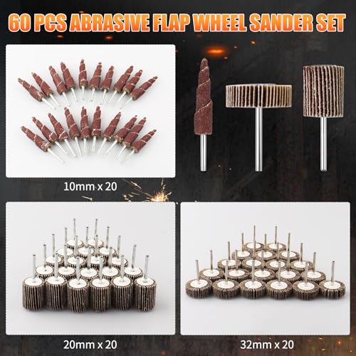 60 Pcs Flap Wheel Sander for Dremel, 80 Grit Flap Sanding Wheel Rotary Tool Accessories Kit for Removing Rust and Polishing,1/8-inch Shank