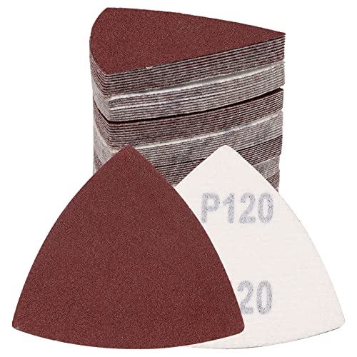 120 Pcs Triangle Sanding Pads, 120 Grits Detail Sander Sandpaper Hook and Loop Sanding Sheet,3-1/8"(80mm) Triangular Sandpaper for 3-1/8" Oscillating Multi Tool, No Holes - size: 120 Grit, style: No Hole