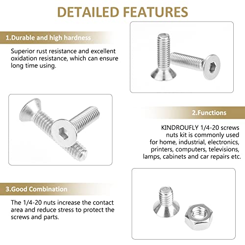 52 Pieces 1/4-20 x 1/2", 3/4", 1", 1-1/4", 1-1/2", Countersunk Head Socket Cap Screws Nuts Assortment Kit, 304 Stainless Steel, Fully Machine Thread - size: 1/4"-20, style: Countersunk Head