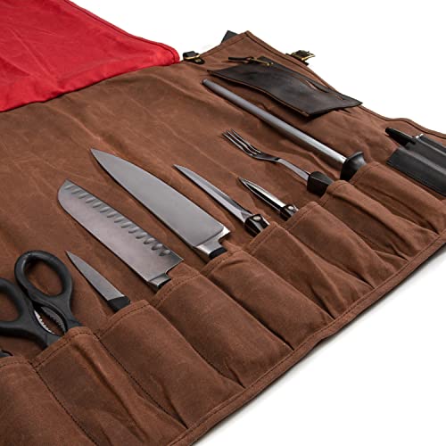 Dickies Chef Knife Roll Bag Portable Organizer and Cutlery Storage Roll, Waxed Canvas and Leather, Large - size: Large