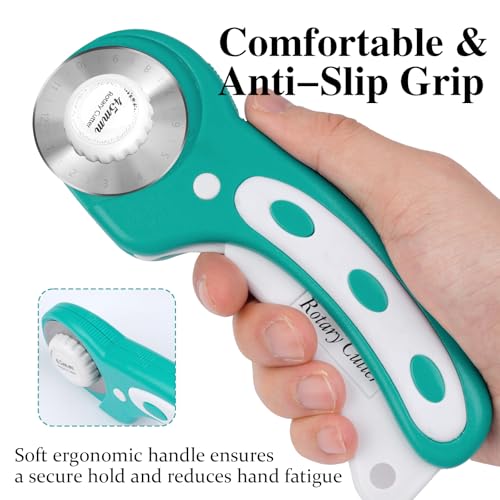 45mm Rotary Cutter for Fabric with 5 Extra Blades, Roller, with Safety Lock - color: Teal