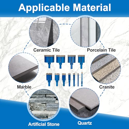 Qivine 10Pcs Diamond Hole Saw Kit, 1/4" to 2" Serrated Brazing Tile Hole Saw Kit, Diamond Glass Core Drill Bit with Durable Sharp Dry/Wet Drills for Ceramic, Glass, Tile, Stone, Pots